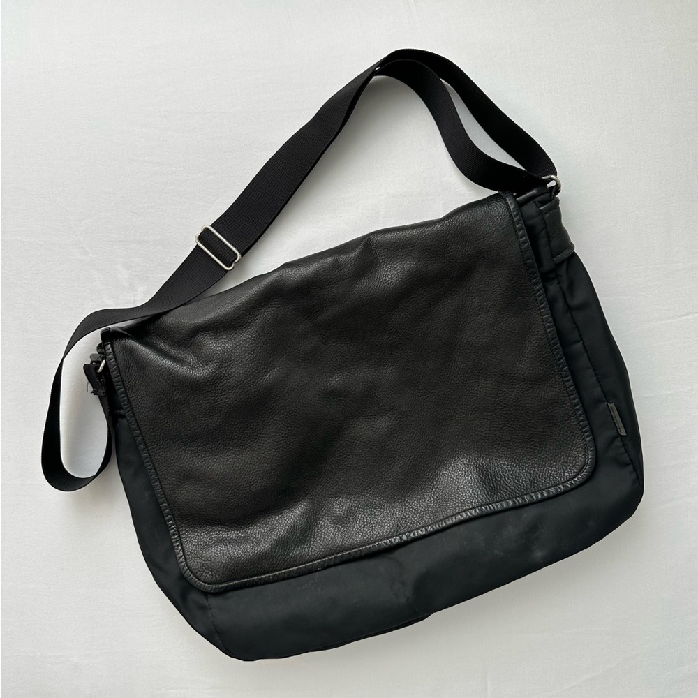 Vintage Rugby North America Black Leather and Fabric Messenger Bag